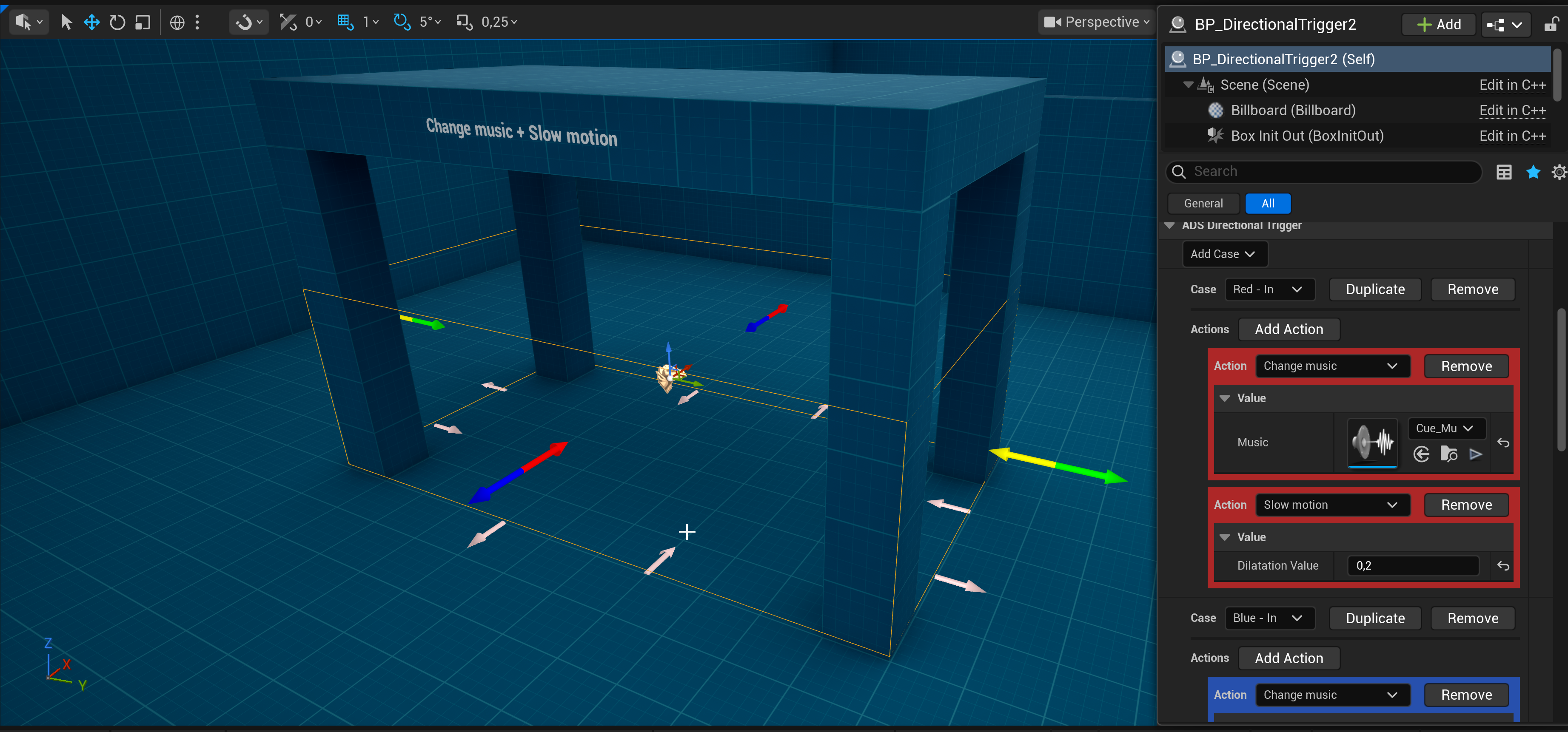 Configuration de BP_DirectionalTrigger dans le panneau de détails